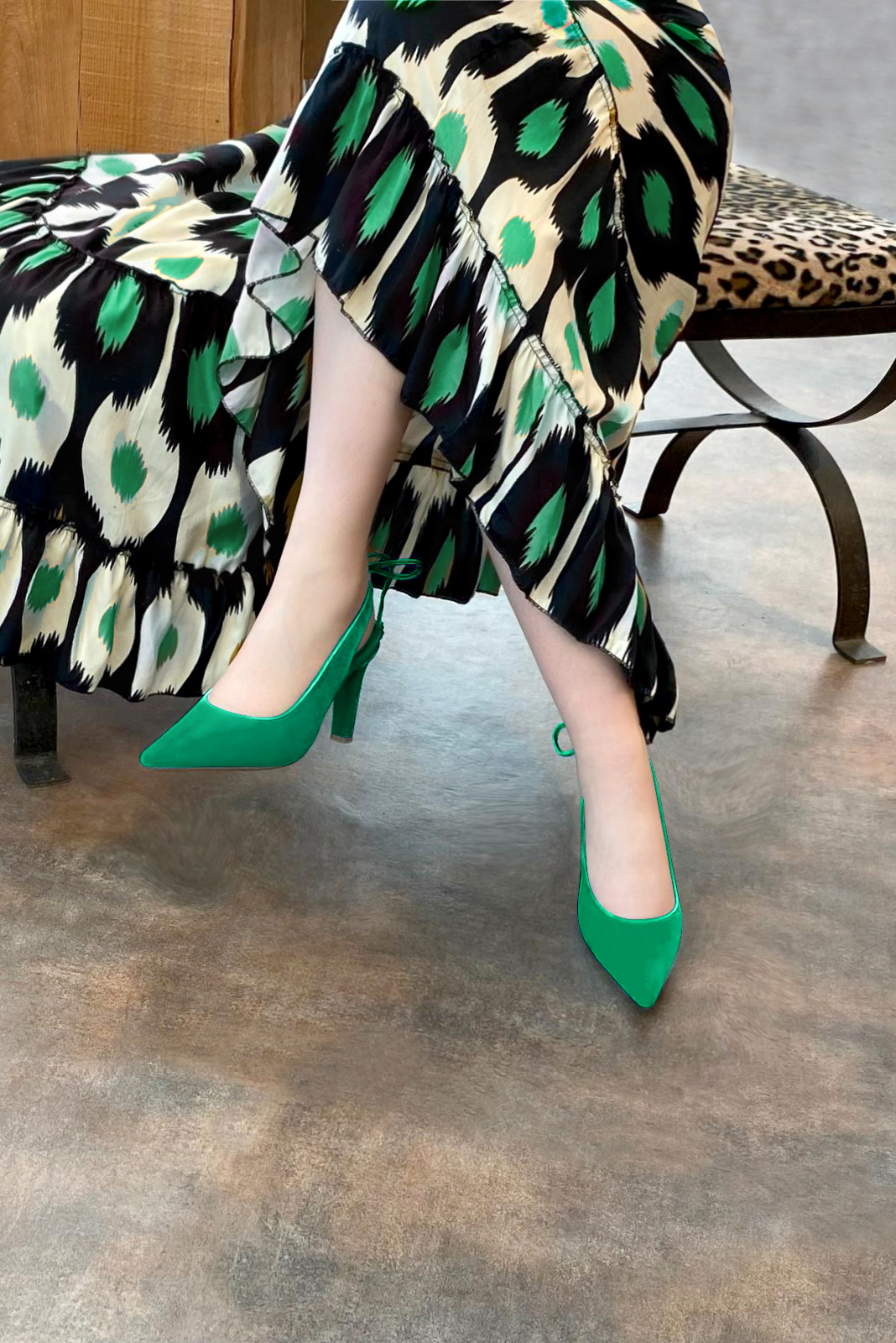 Emerald green women's slingback shoes. Pointed toe. High slim heel. Worn view - Florence KOOIJMAN